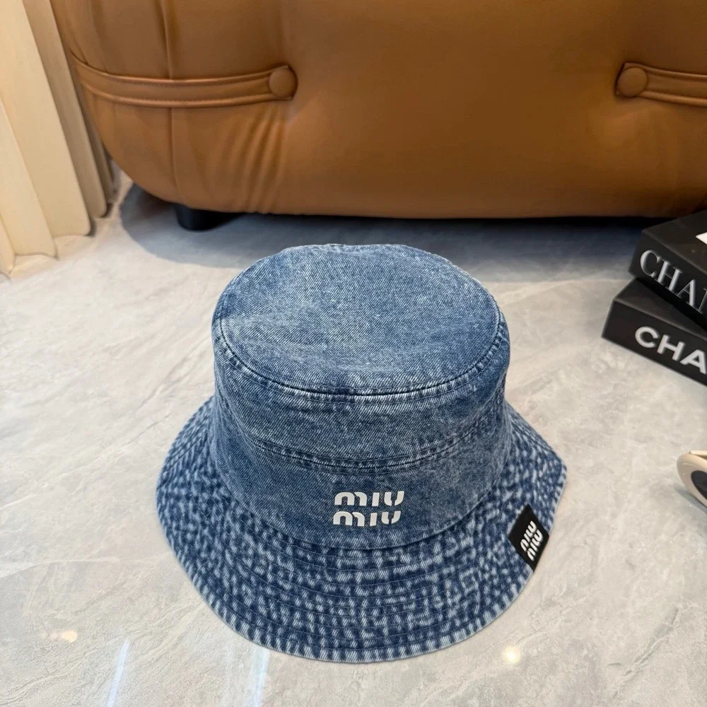Miu Miu Washed Blue Denim White Logo Bucket Hat